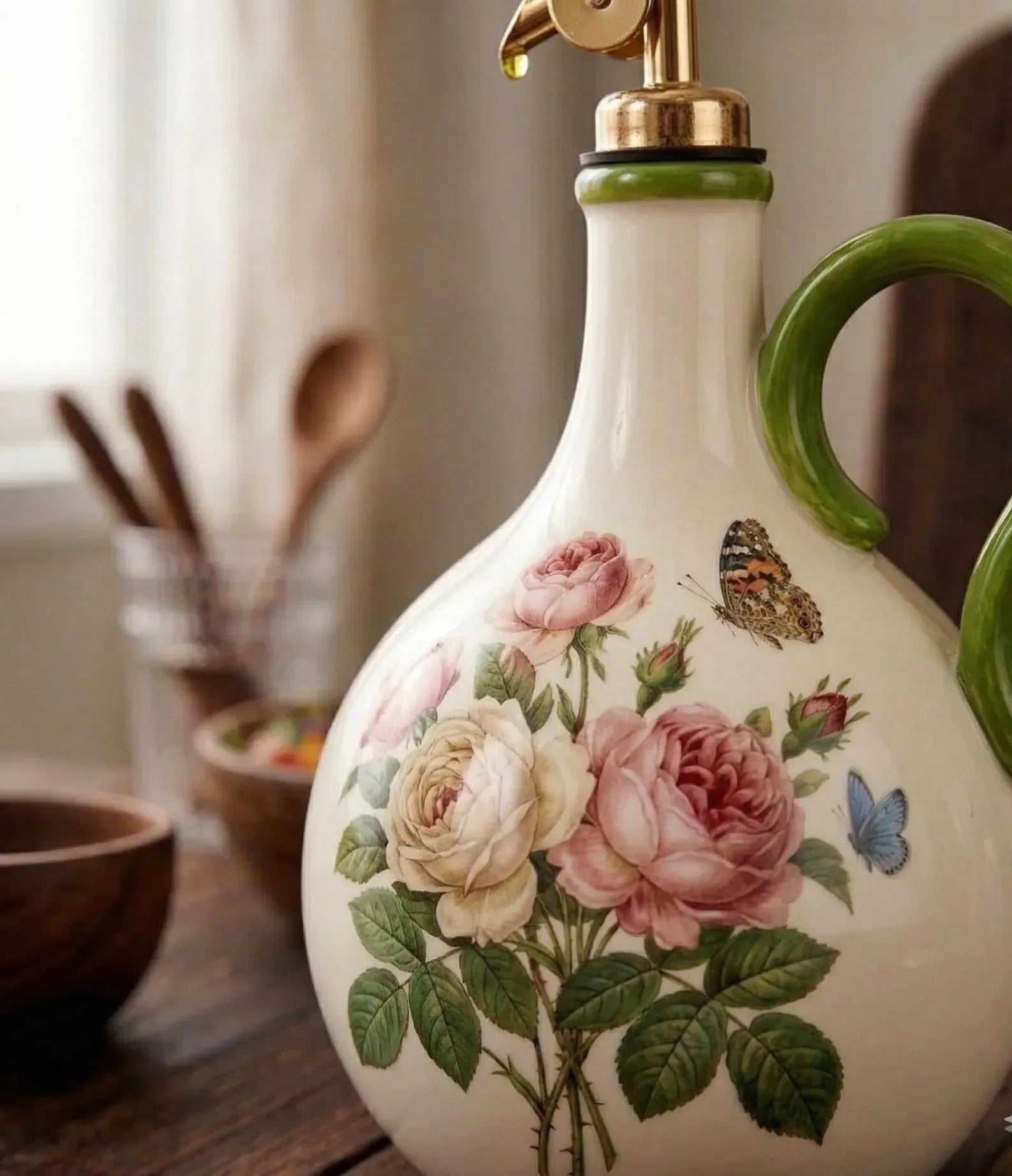 Ceramic Olive Oil Dispenser, Vintage Floral Oil Bottle with Gold Pour Spout - World Gifts