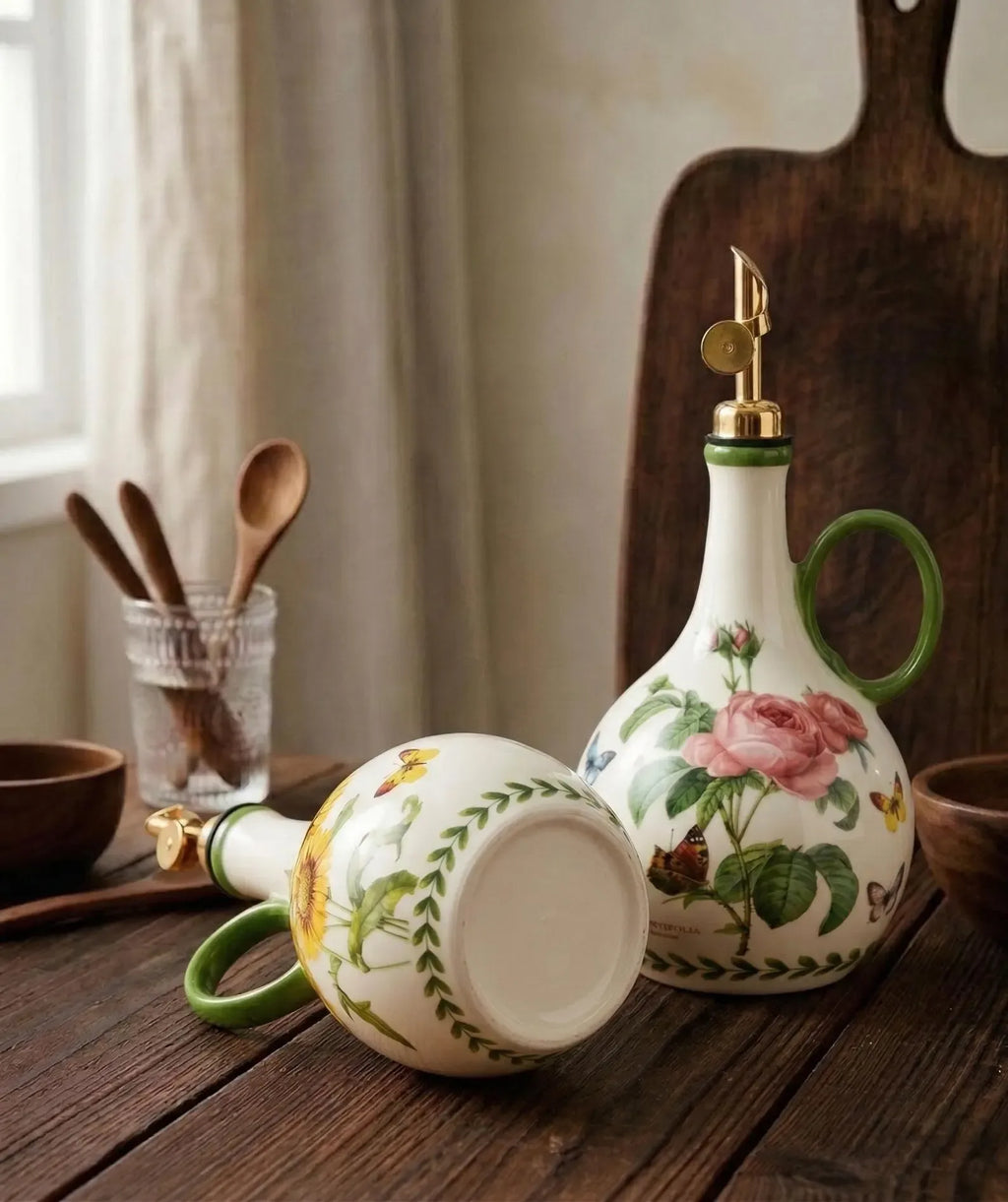 Ceramic Olive Oil Dispenser, Vintage Floral Oil Bottle with Gold Pour Spout - World Gifts