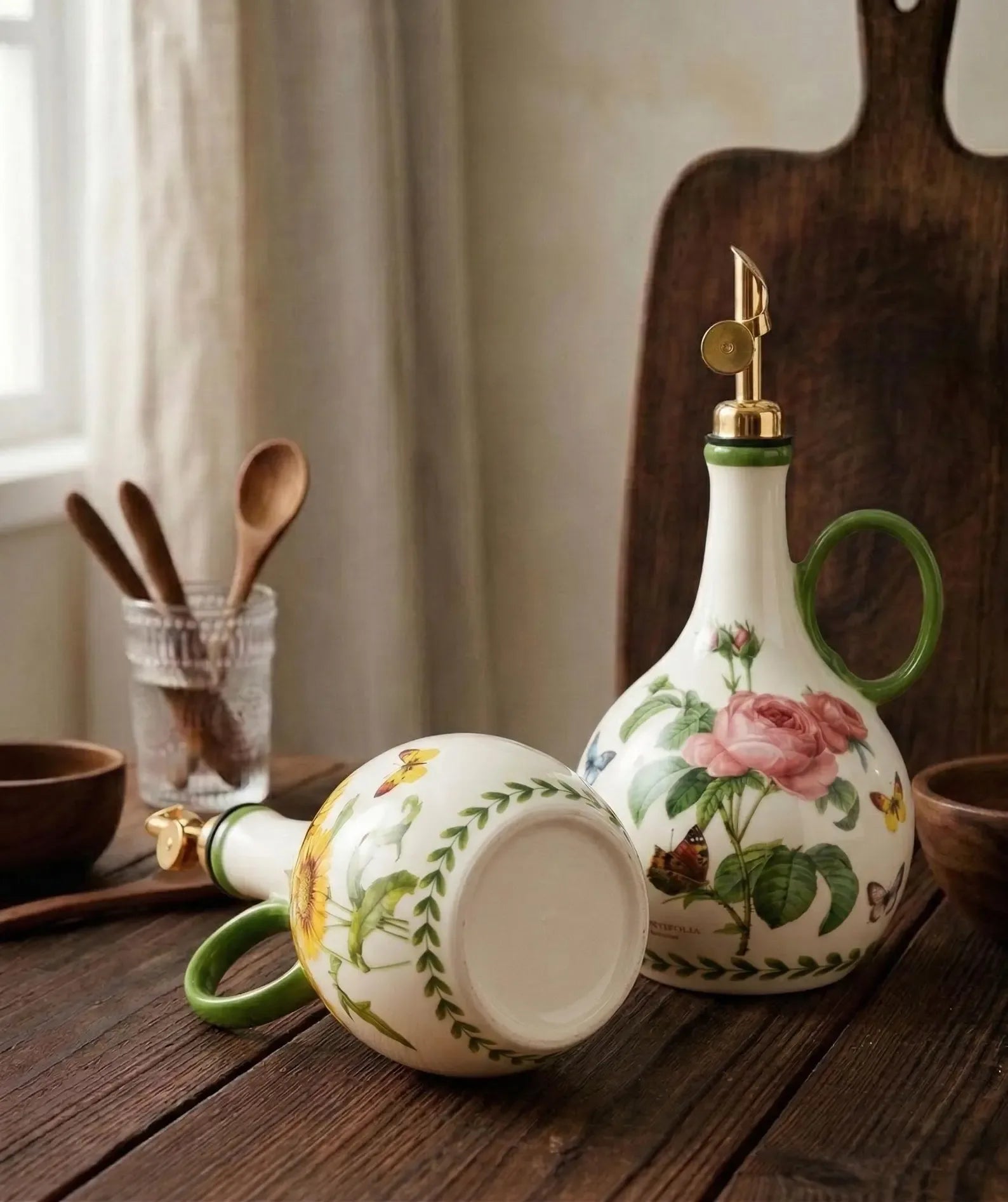 Ceramic Olive Oil Dispenser, Vintage Floral Oil Bottle with Gold Pour Spout - World Gifts