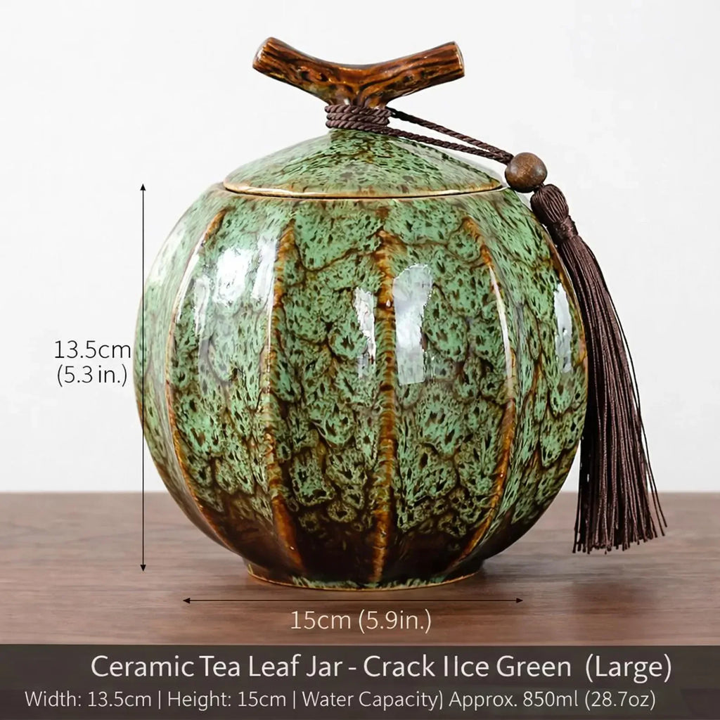 Japanese Crackle Glaze Ceramic Jar – Handmade Japanese Tea Canister with Branch Lid & Tassel | Storage Container Keepsake Decor Accent Gift - World Gifts