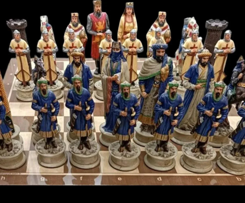 X Large Crusaders Chess Set – Hand-Painted Knights & Handmade Walnut Wooden Board 16.5” Luxury Gift - World Gifts