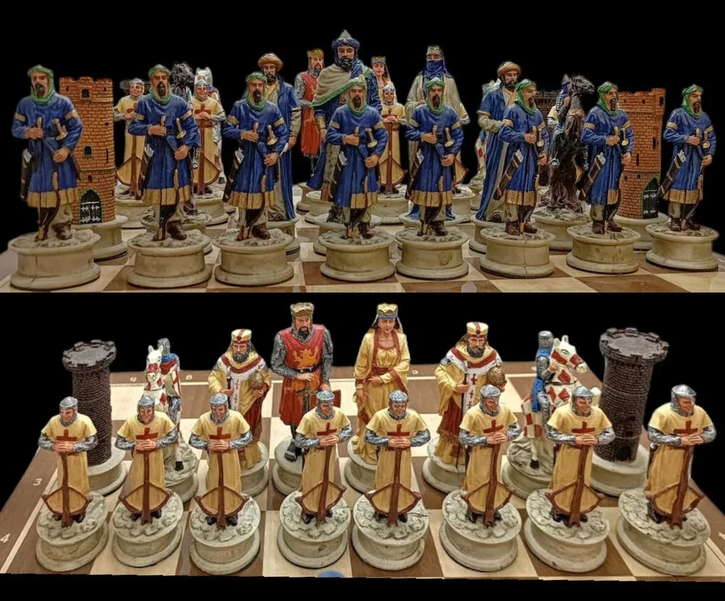 X Large Crusaders Chess Set – Hand-Painted Knights & Handmade Walnut Wooden Board 16.5” Luxury Gift - World Gifts