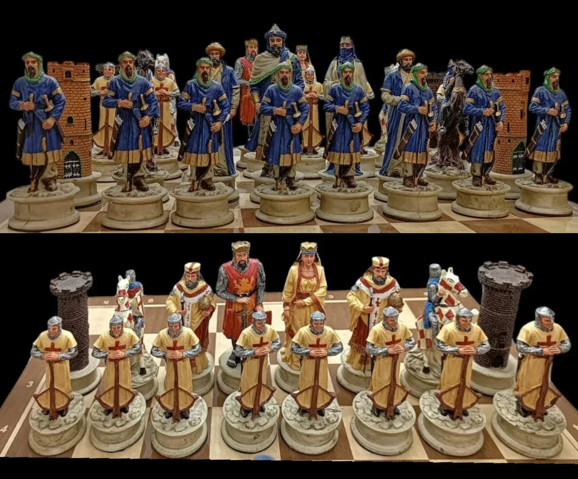 X Large Crusaders Chess Set – Hand-Painted Knights & Handmade Walnut Wooden Board 16.5” Luxury Gift - World Gifts