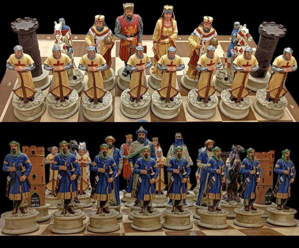 X Large Crusaders Chess Set – Hand-Painted Knights & Handmade Walnut Wooden Board 16.5” Luxury Gift - World Gifts