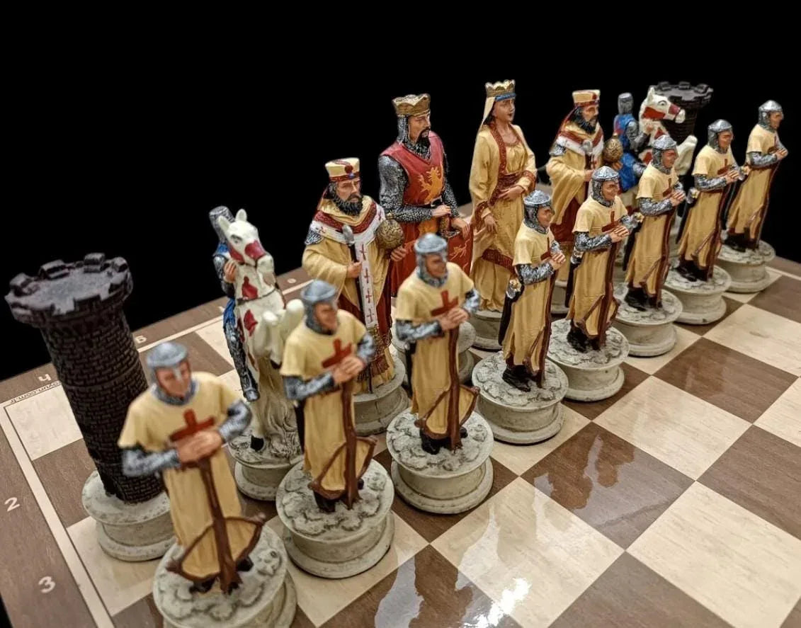 X Large Crusaders Chess Set – Hand-Painted Knights & Handmade Walnut Wooden Board 16.5” Luxury Gift - World Gifts