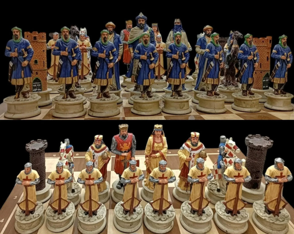 X Large Crusaders Chess Set – Hand-Painted Knights & Handmade Walnut Wooden Board 16.5” Luxury Gift - World Gifts